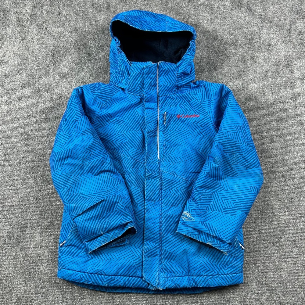 Columbia Puffer Jacket Boys Small 8 Blue Omni-Heat Hooded Winter Coat Geometric
